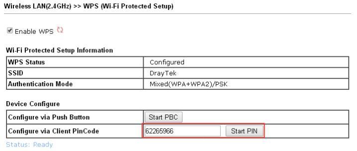 a screenshot of DrayOS WLAN WPS setup page